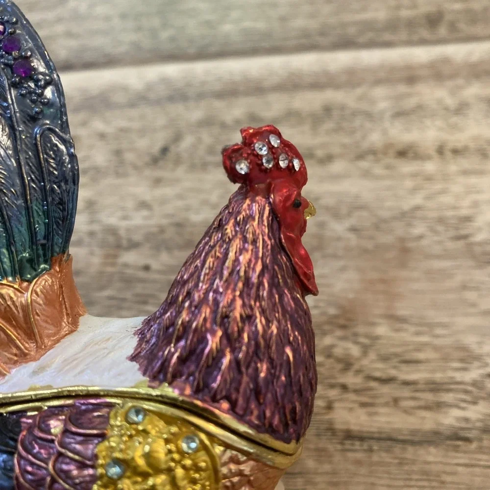 Bejeweled Colorful Rooster Jeweled  Trinket Box Hinged Magnetic Closure Small